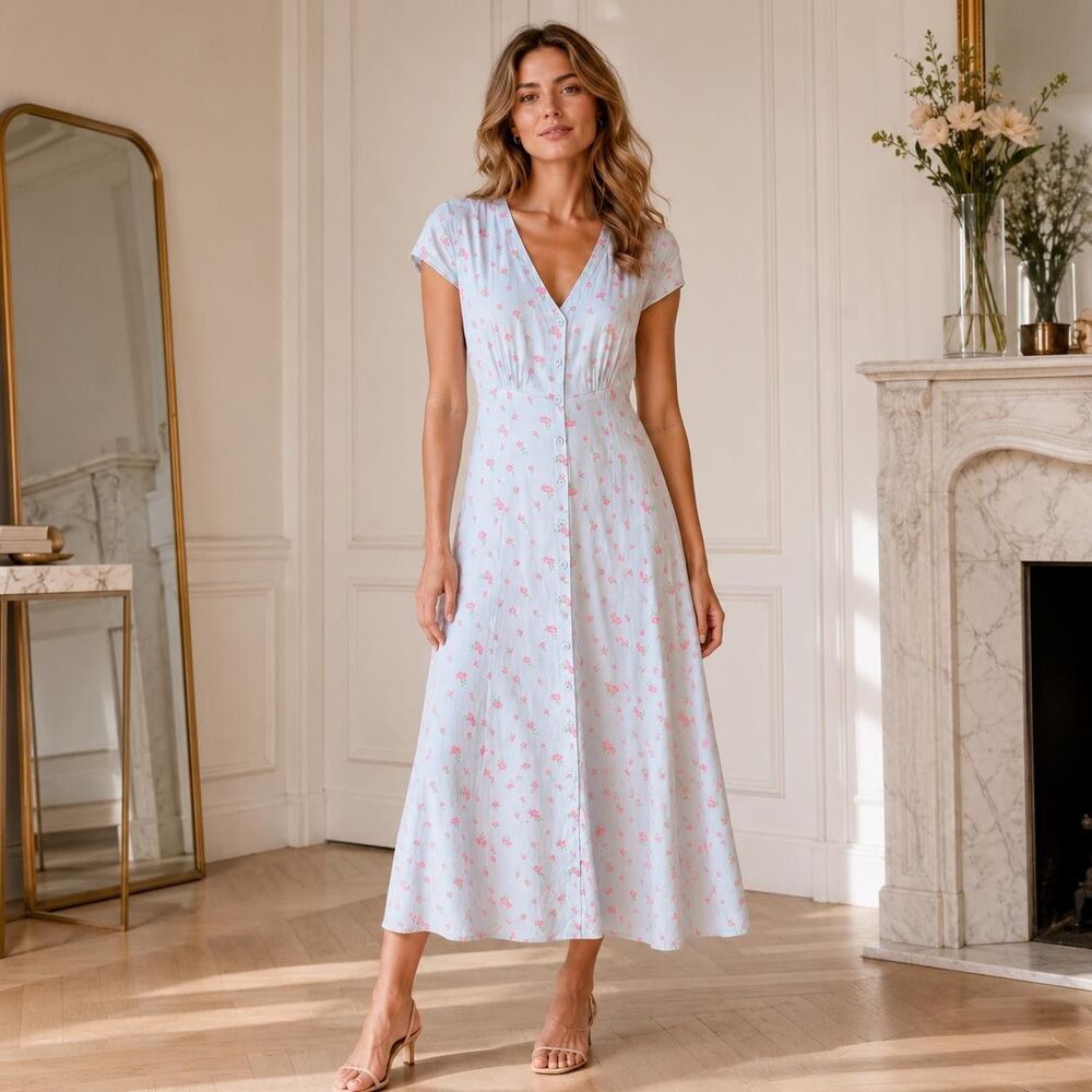REFORMATION Women's Midi Dress SMALL Cottagecore Floral Blue Pink Button Front